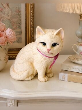 Vintage White Cat Figurine Pink Ribbon Big Eyes Cottagecore Kitty Decor